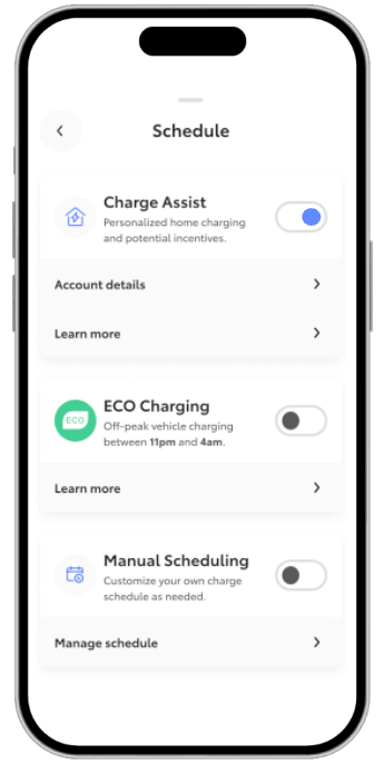 A screenshot of the Schedule settings in Toyota App showing Charge Assist